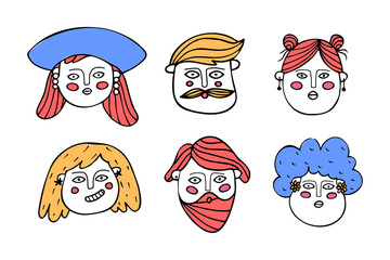 Set of comic faces in doodle style. Vector illustration with bright accents.
