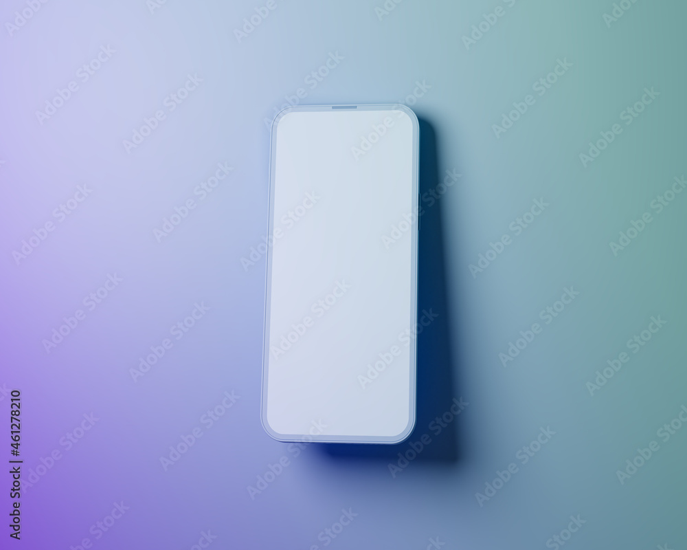 Poster smartphone with blank screen lies on the edge in an abstract position. background in gradient violet
