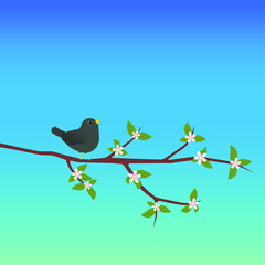vector illustration of a bird of a branch and blooming flowers on sky background
