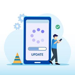 User updating operation system with progress bar. Software upgrade and installation program. Concept of system update, software installation. Flat vector template Style Suitable for Web Landing Page.