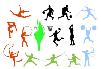 Sport people set. Gymnastics, fencing, archery, javelin throw, basketball, bodybuilding athlete silhouettes, vector.