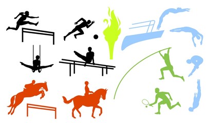 Sport people set. Gymnastics, football, springboard platform diving, equestrian sport, tennis athlete vector silhouettes