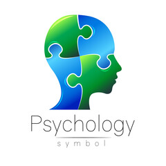 Modern head sign of Psychology. Puzzle. Profile Human. Creative style. Symbol in . Design concept. Brand company. Blue green color isolated on white background. Icon for web, print