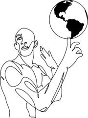 Man holds the planet in his hands. Basketball player holding the ground. Isolated line art vector illustration of Business concept illustration