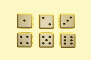 3D of rendering Of Gold and Golden Dices on a Bright Background.