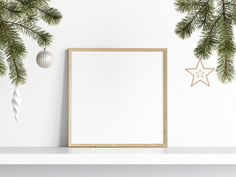 christmas square frame mockup with fir tree, 3d render