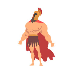 Spartan Muscular Man in Red Cloak and Helmet Standing Vector Illustration