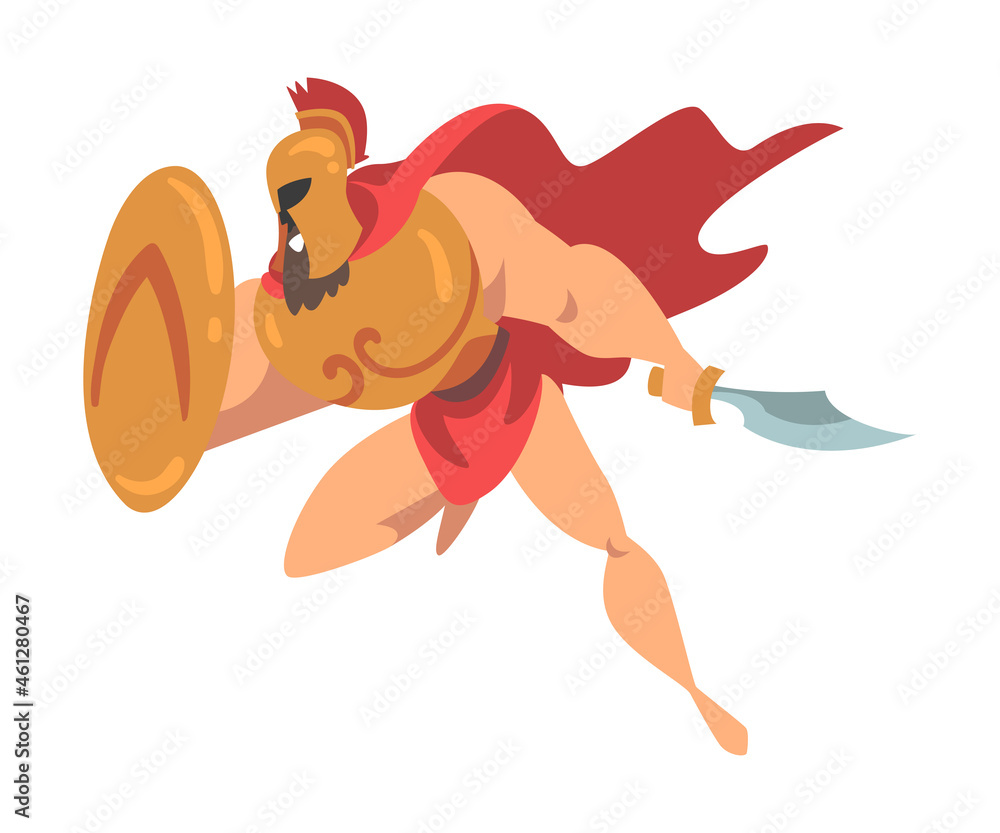 Poster spartan man in red cloak and helmet armed with sword and shield attacking vector illustration