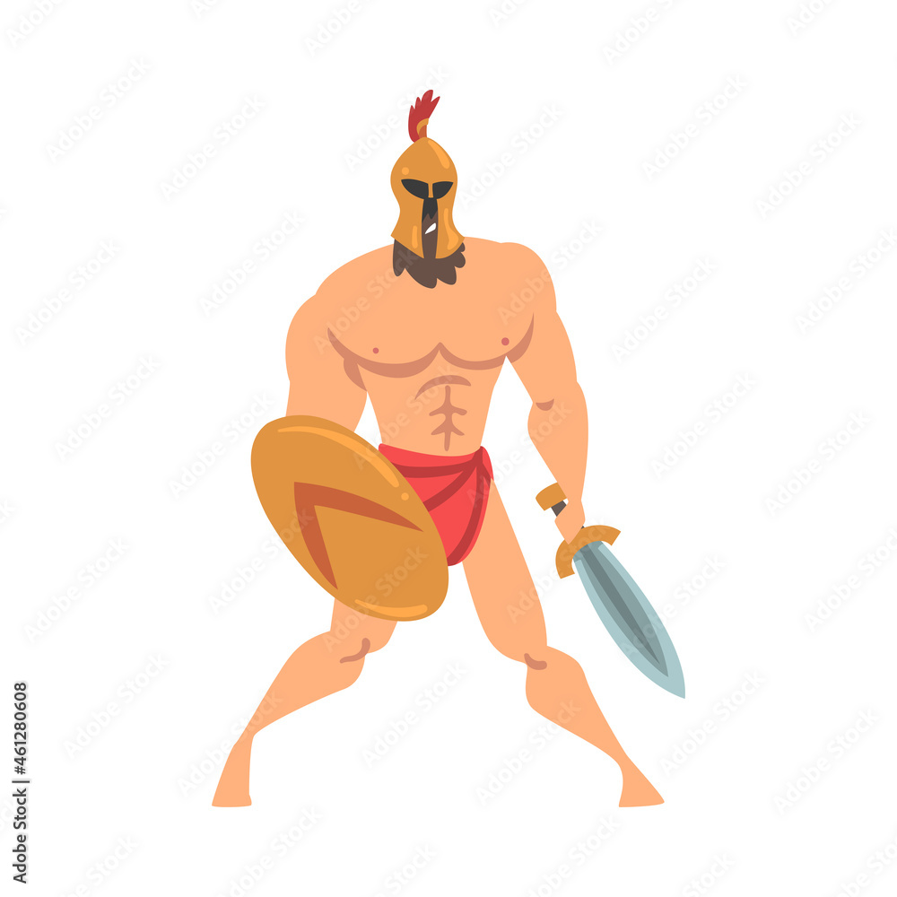Poster spartan man in helmet armed with sword and shield attacking vector illustration