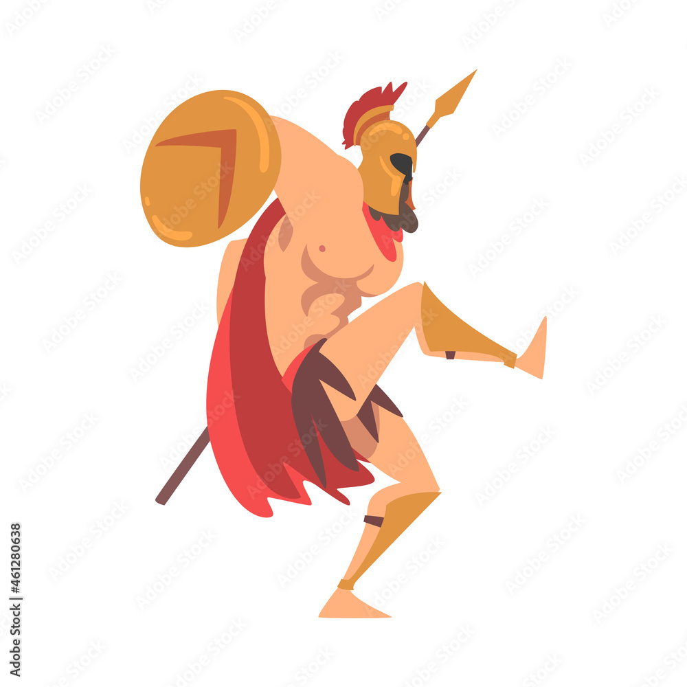 Canvas Prints Spartan Man in Red Cloak and Helmet Armed with Spear and Shield Attacking Vector Illustration