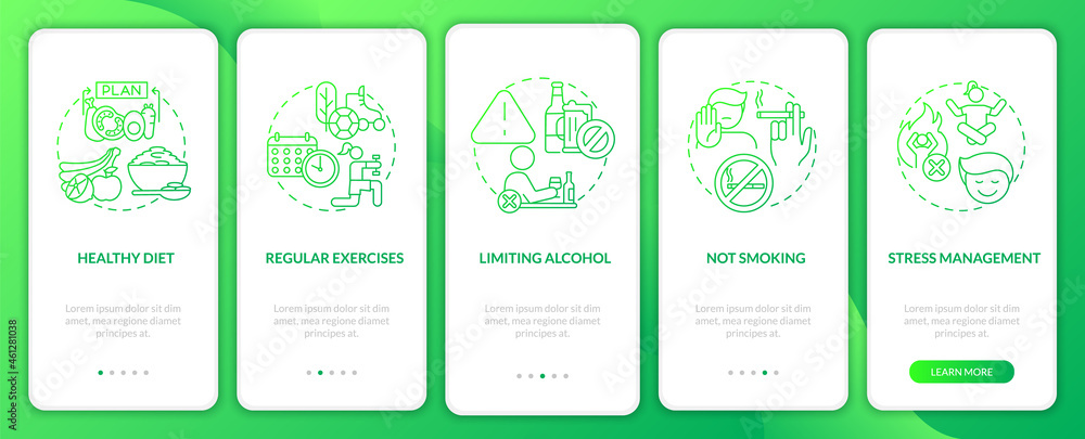 Poster prevent high blood pressure onboarding mobile app page screen. limiting alcohol walkthrough 5 steps 