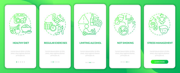 Prevent high blood pressure onboarding mobile app page screen. Limiting alcohol walkthrough 5 steps graphic instructions with concepts. UI, UX, GUI vector template with linear color illustrations