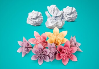 New ideas or transformation concept with crumpled paper balls and origami