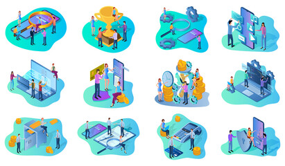 Search engines,Web development,digital payments,banking, secure connections,teamwork.A set of isometric icons vector illustrations on the topic of business and technology.