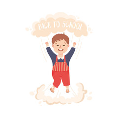 Superhero Little Boy at School Flying Up with Raised Hands Achieving Goal and Gaining Knowledge Vector Illustration