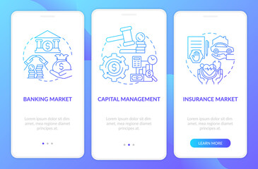 Financial law supervision onboarding mobile app page screen. Capital regulation walkthrough 3 steps graphic instructions with concepts. UI, UX, GUI vector template with linear color illustrations