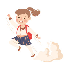 Superhero Little Girl at School Flying Forward with Backpack Achieving Goal and Gaining Knowledge Vector Illustration