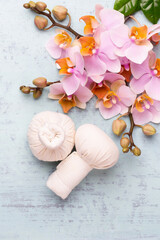 Orchid beauty flowers on vintage background. Spa background, spa therapy, beauty. Spa treatment.