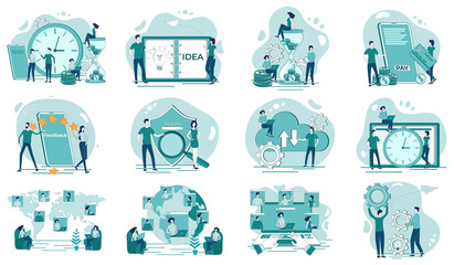 Time management,search technologies, new ideas, cloud storage,video conference, electronic payments.A set of flat icons vector illustrations on the topic of business and technology.
