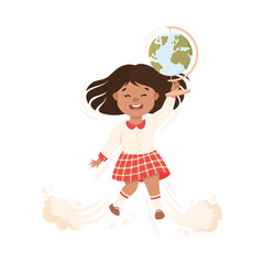 Superhero Little Girl at School Flying Up with Globe Achieving Goal and Gaining Knowledge Vector Illustration
