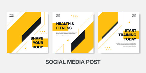 Obraz na płótnie Canvas Fitness banner post yellow background. Sports Gym social media post with modern trendy shape. Vector illustration.