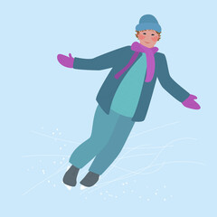 A young guy is skating on an ice rink. Active lifestyle in winter. Vector illustration in cartoon style.