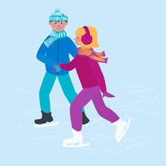 A guy and a girl are holding hands and skating on a skating rink. A young couple spends time outdoors. Vector illustration in cartoon style.