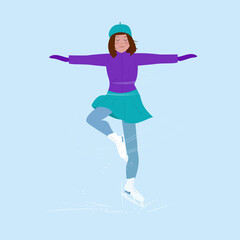 A girl in a purple jacket and a green skirt is engaged in figure skating, spinning on the rink with her hands spread apart. Winter hobbies and recreation. Vector illustration in cartoon style.