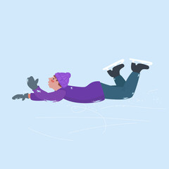 The guy fell on the skating rink skating. The fall of a man on a slippery surface. Winter outdoor recreation. Vector illustration in cartoon style.