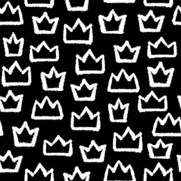 Beautiful white linear ink crown isolated on black background. Cute monochrome royal seamless pattern. Vector simple flat graphic hand drawn illustration. Texture.