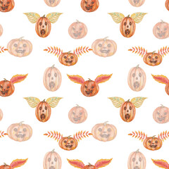 Watercolor seamless pattern from hand painted illustration of carved pumpkins with scary faces for Halloween with leaves like wings isolated on white for fabric material, design postcard, packaging