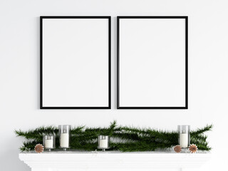 Black frame mockup, christmas decorations, 3d render