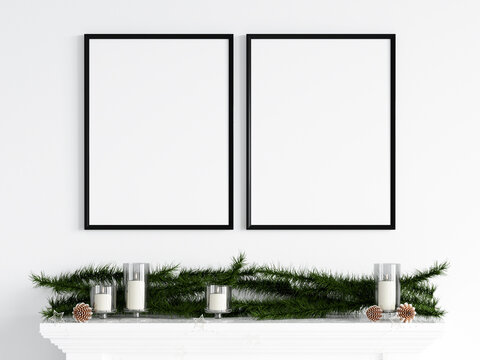 Black frame mockup, christmas decorations, 3d render