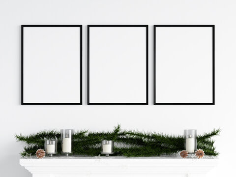 christmas frame on the wall with tree, 3d render