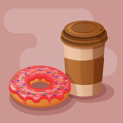 Donut with pink glaze and multi-colored sprinkles with a cup of coffee on a dark background