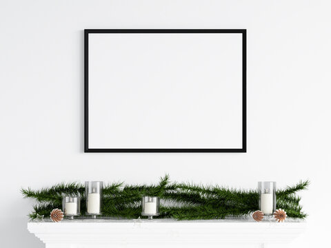 Horizontal black frame on the wall with decorations, christmas mockup, 3d render