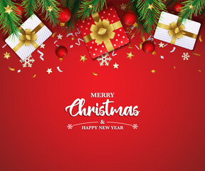 Merry Christmas and Happy New Year. christmas background with decorations and gift boxes