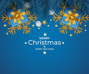 Merry Christmas and Happy New Year. Christmas background with decorations and gift boxes