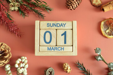 March 1, Cover design with calendar cube, pine cones and dried fruit in the natural concept.