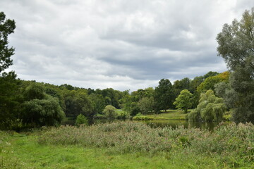 Arriv&eacute;e d'une zone de pluie sur le Grand Etang entour&eacute; par la v&eacute;g&eacute;tation luxuriante au bois de Woluw&eacute; &agrave; Woluwe-St-Pierre