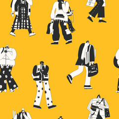 Naklejka premium vector seamless pattern black and white people.Citylife routine and life balance.Urban lifestyle.Mixed race street style influencers.Template for printing paper, fabric, wallpaper.Generation Z fashion