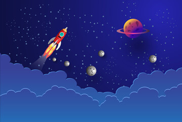 Obraz na płótnie Canvas rocket flying In the galaxy , paper art, vector design