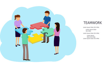 Isometric people holding puzzle isolated on white background. Teamwork people infographics for web site, banner, poster and placard. Creative business concept, vector illustration