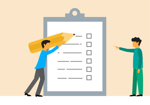 Man showing checklist. Boy filling tasks to checklist. For web site, app, banner, ux and ui. Concept for ad, poster, placard, web template and landing page. Creative vector illustration