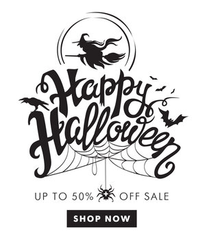 Witch in hat flies on broomstick against the backdrop of full moon. Halloween Sale special offer banner template with hand drawn lettering for holiday shopping. Vector