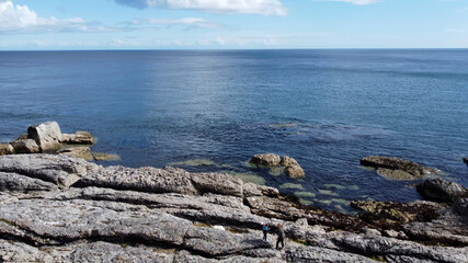 Aerial photo of Beautiful Scenery of Rocks Mountains and Sea at the North Coast of Ireland