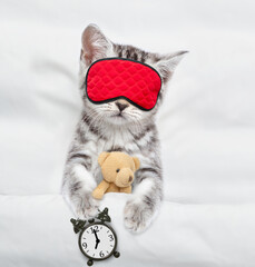 Cozy tabby kitten hugs toy bear and sleeps in sleeping mask under blanket on a bed at home with...