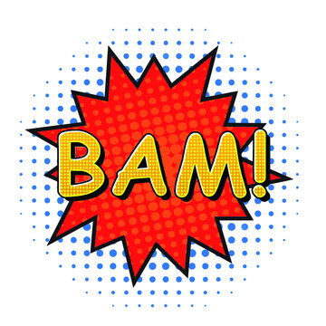 BAM Vector Comic Speech 3d Text Style Effect Mockup on white background high resolution,Template comics speech bubble halftone dot background. Pop art style. Comic dialog cloud, space text pop-art. 