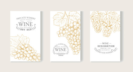 A set of vintage wine labels with a brush of grapes in an engraved style. - obrazy, fototapety, plakaty