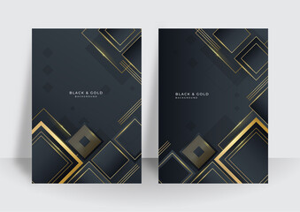 Modern black gold cover design set. Luxury creative gold dynamic diagonal line pattern. Formal premium vector background for business brochure, poster, notebook, menu template